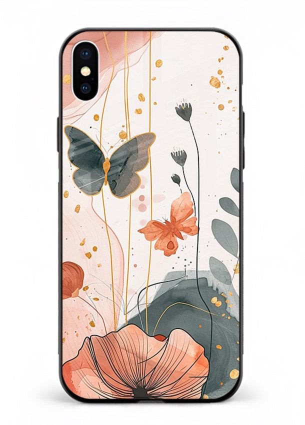Watercolor butterfly floral artwork on iphone xs max glass back cover with soft painted tones.