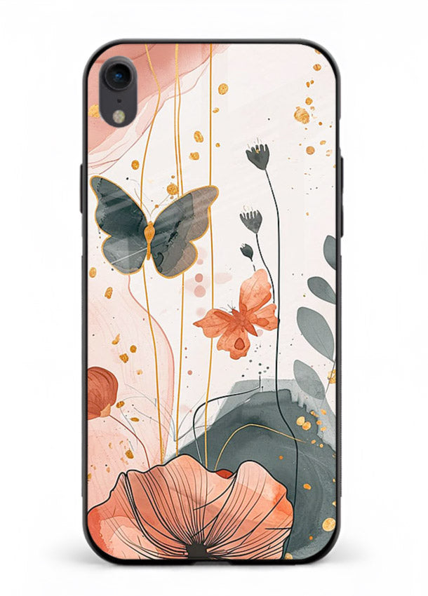 Watercolor butterfly floral artwork on iphone xr glass back cover with soft painted tones.