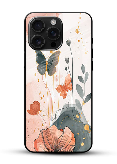 Watercolor butterfly floral artwork on glossy vibrant premium glass back cover with soft painted tones. - Angle Front