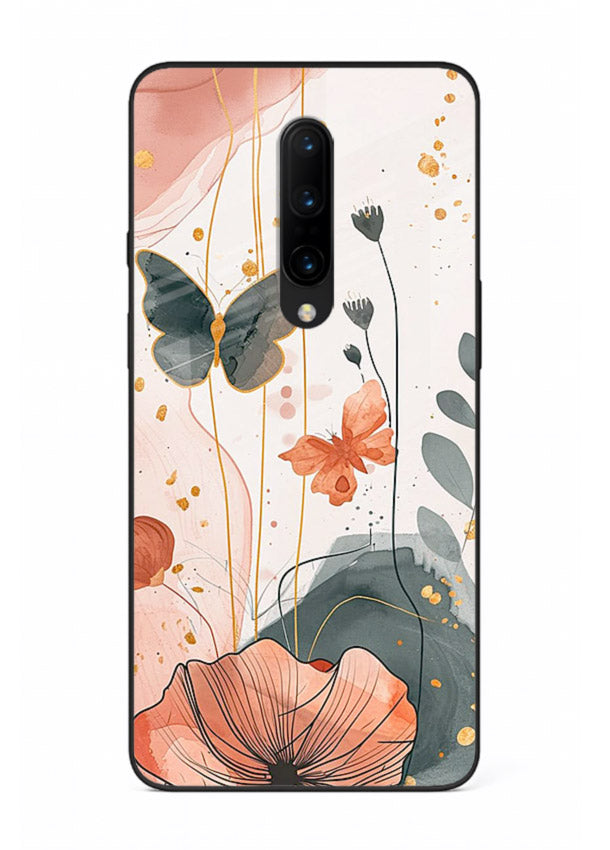 Watercolor butterfly floral artwork on OnePlus 8 glass back cover with soft painted tones.