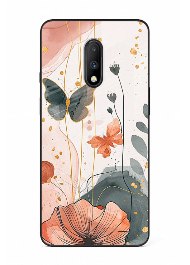 Watercolor butterfly floral artwork on OnePlus 7 glass back cover with soft painted tones.