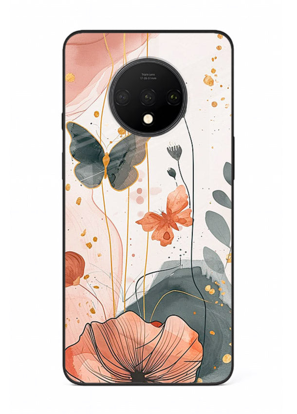 Watercolor butterfly floral artwork on OnePlus 7T glass back cover with soft painted tones.