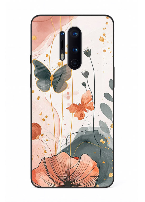 Watercolor butterfly floral artwork on OnePlus 8 Pro glass back cover with soft painted tones.