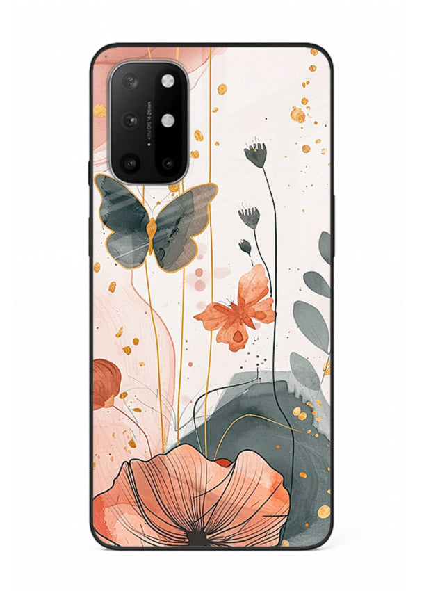 Watercolor butterfly floral artwork on OnePlus 8T glass back cover with soft painted tones.