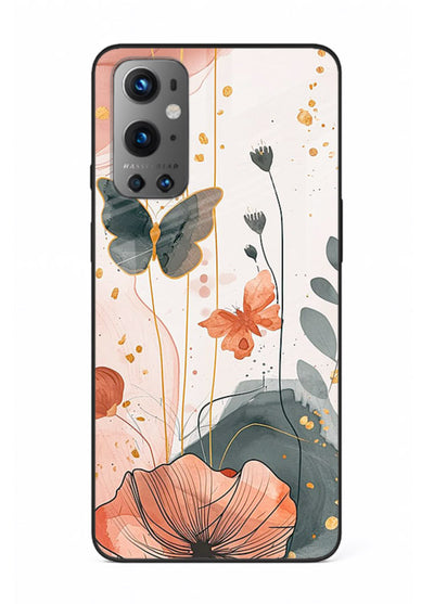 Watercolor butterfly floral artwork on OnePlus 9 glass back cover with soft painted tones.