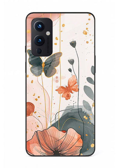 Watercolor butterfly floral artwork on OnePlus 9 Pro glass back cover with soft painted tones.