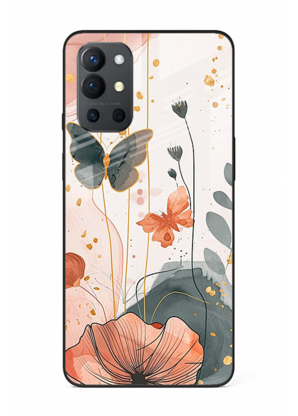 Watercolor butterfly floral artwork on OnePlus 9R glass back cover with soft painted tones.