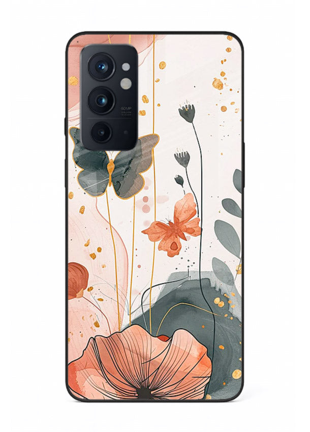 Watercolor butterfly floral artwork on OnePlus 9RT glass back cover with soft painted tones.