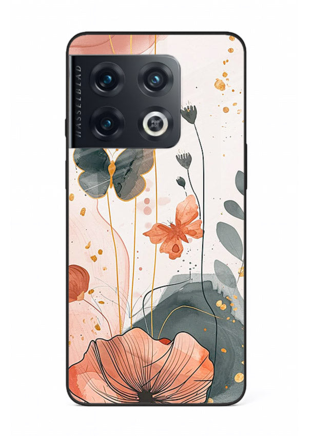 Watercolor butterfly floral artwork on OnePlus 10 Pro glass back cover with soft painted tones.