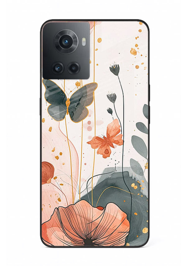 Watercolor butterfly floral artwork on OnePlus 10R glass back cover with soft painted tones.