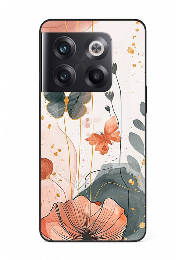 Watercolor butterfly floral artwork on OnePlus 10T glass back cover with soft painted tones.