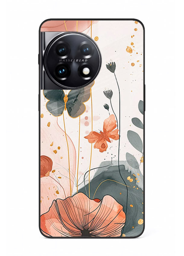 Watercolor butterfly floral artwork on OnePlus 11 glass back cover with soft painted tones.