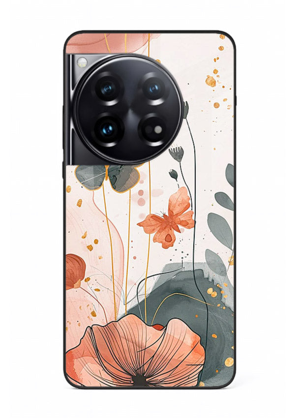 Watercolor butterfly floral artwork on OnePlus 12 glass back cover with soft painted tones.