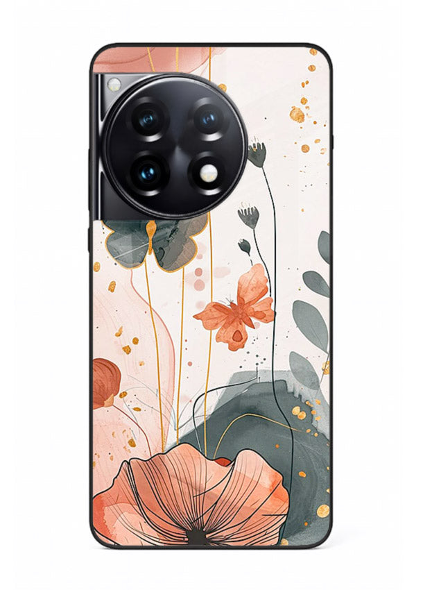 Watercolor butterfly floral artwork on OnePlus 12R glass back cover with soft painted tones.