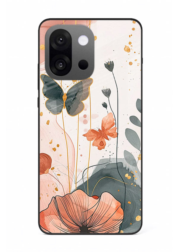 Watercolor butterfly floral artwork on OnePlus 13s glass back cover with soft painted tones.