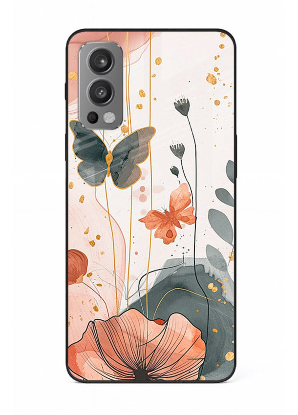Watercolor butterfly floral artwork on OnePlus Nord 2 glass back cover with soft painted tones.