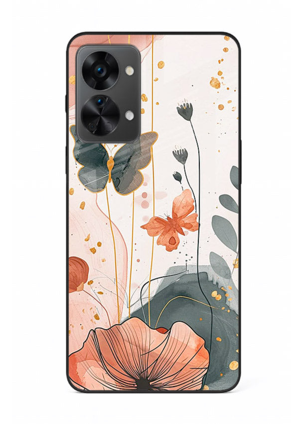 Watercolor butterfly floral artwork on OnePlus Nord 2T glass back cover with soft painted tones.