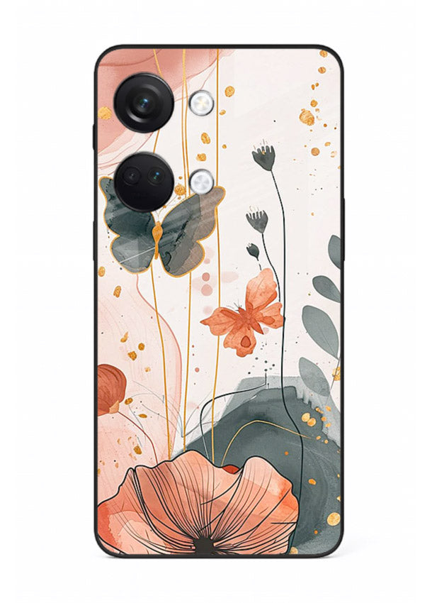 Watercolor butterfly floral artwork on OnePlus Nord 3 glass back cover with soft painted tones.