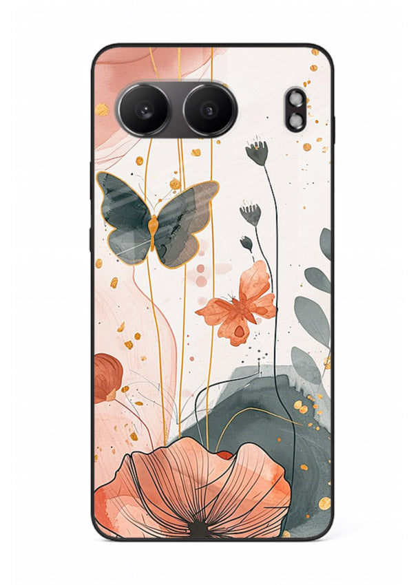Watercolor butterfly floral artwork on OnePlus Nord 4 glass back cover with soft painted tones.
