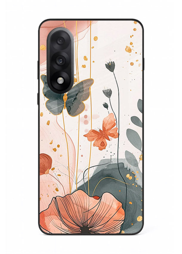 Watercolor butterfly floral artwork on OnePlus Nord 5 glass back cover with soft painted tones.