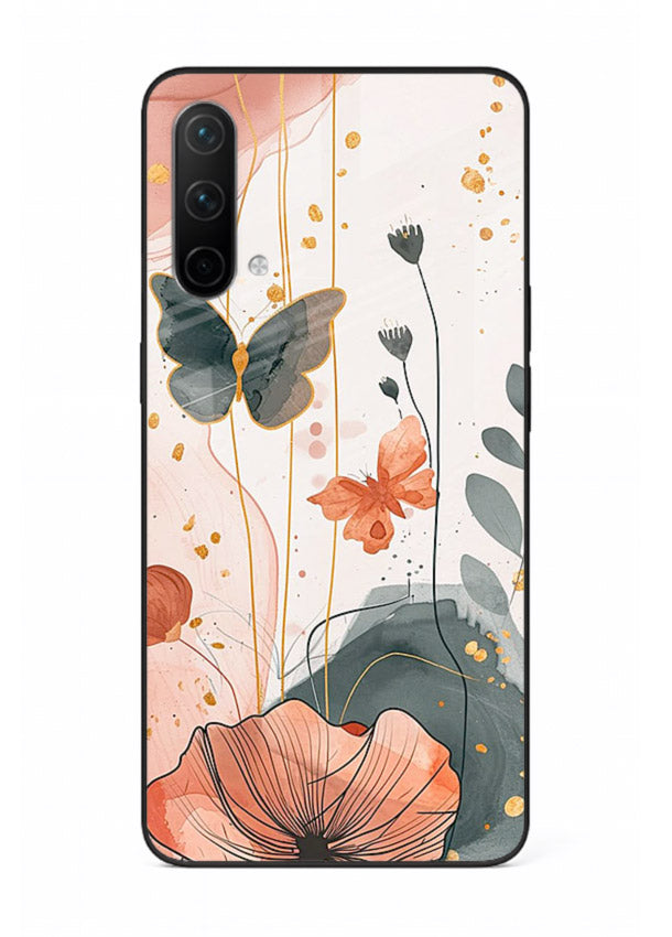 Watercolor butterfly floral artwork on OnePlus Nord CE 5G glass back cover with soft painted tones.