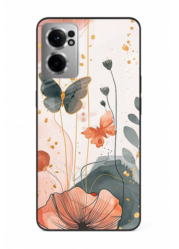 Watercolor butterfly floral artwork on OnePlus Nord CE2 5G glass back cover with soft painted tones.
