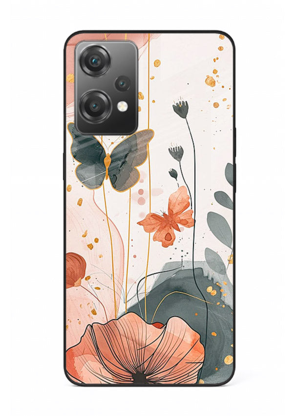 Watercolor butterfly floral artwork on OnePlus Nord CE2 Lite 5G glass back cover with soft painted tones.