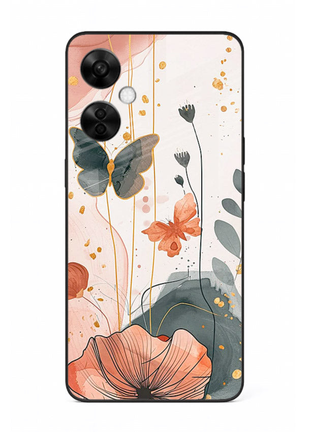 Watercolor butterfly floral artwork on OnePlus Nord CE3 Lite glass back cover with soft painted tones.