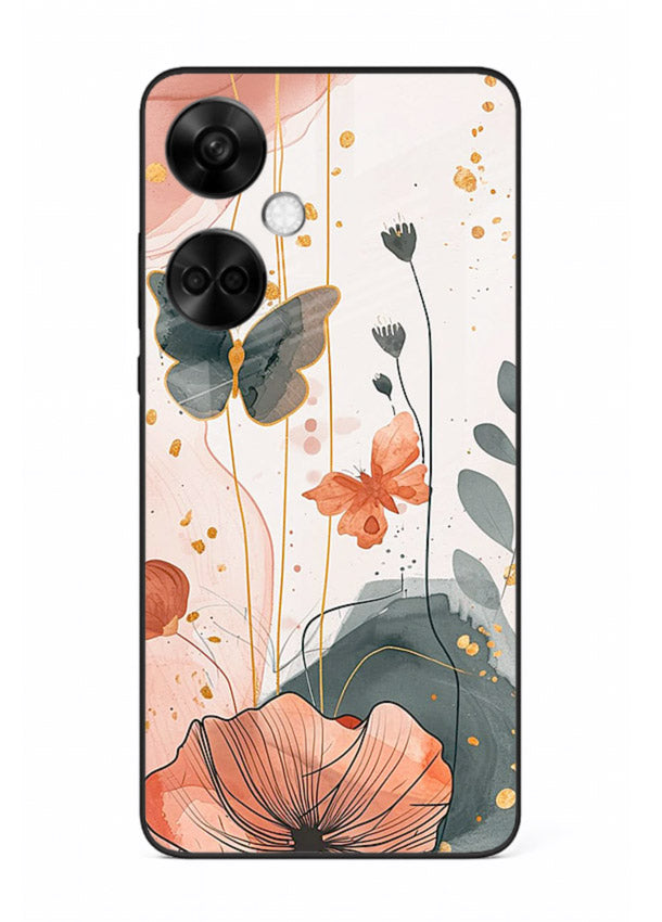 Watercolor butterfly floral artwork on OnePlus Nord CE3 glass back cover with soft painted tones.