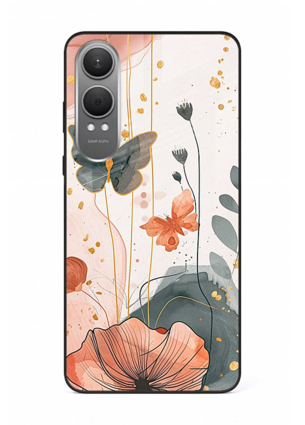 Watercolor butterfly floral artwork on OnePlus Nord CE4 Lite glass back cover with soft painted tones.