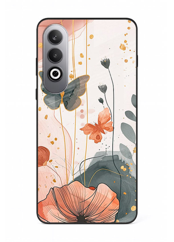Watercolor butterfly floral artwork on OnePlus Nord CE4 glass back cover with soft painted tones.