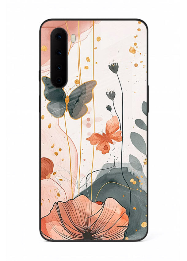 Watercolor butterfly floral artwork on OnePlus Nord glass back cover with soft painted tones.