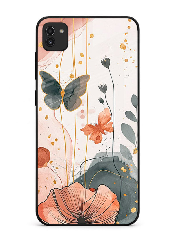 Watercolor butterfly floral artwork on Samsung A03 glass back cover with soft painted tones.