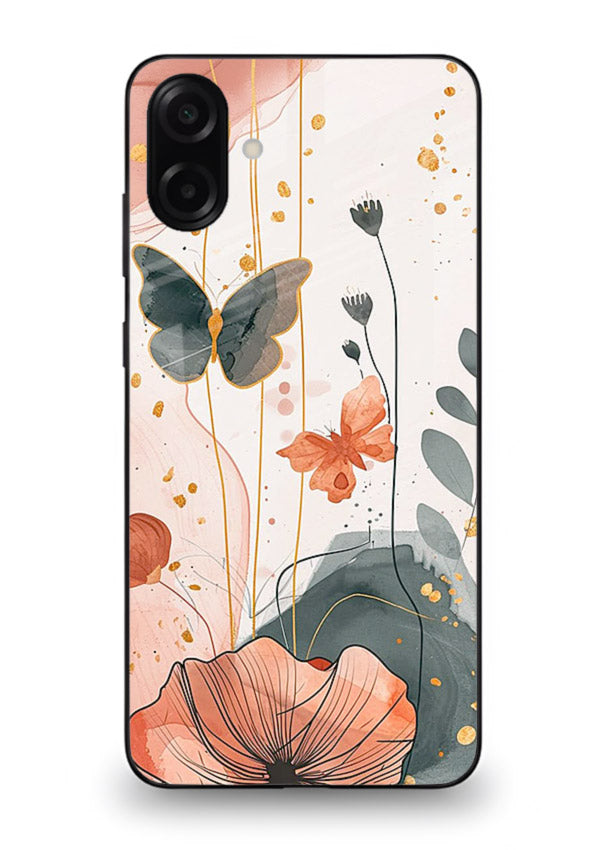 Watercolor butterfly floral artwork on Samsung A07 4G glass back cover with soft painted tones.