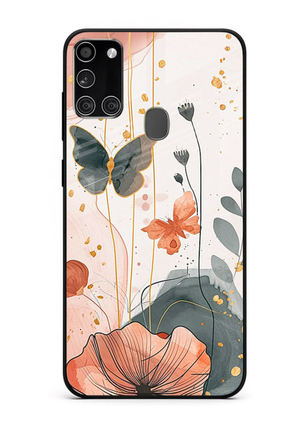 Watercolor butterfly floral artwork on Samsung A21s glass back cover with soft painted tones.