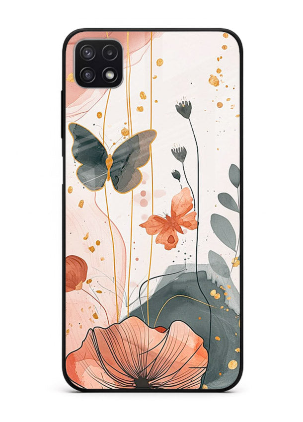 Watercolor butterfly floral artwork on Samsung F42 5G glass back cover with soft painted tones.