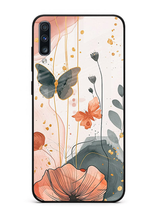Watercolor butterfly floral artwork on Samsung A50 glass back cover with soft painted tones.