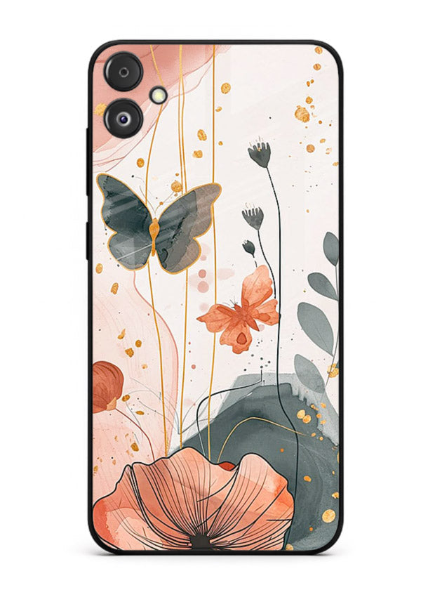 Watercolor butterfly floral artwork on Samsung A05 glass back cover with soft painted tones.