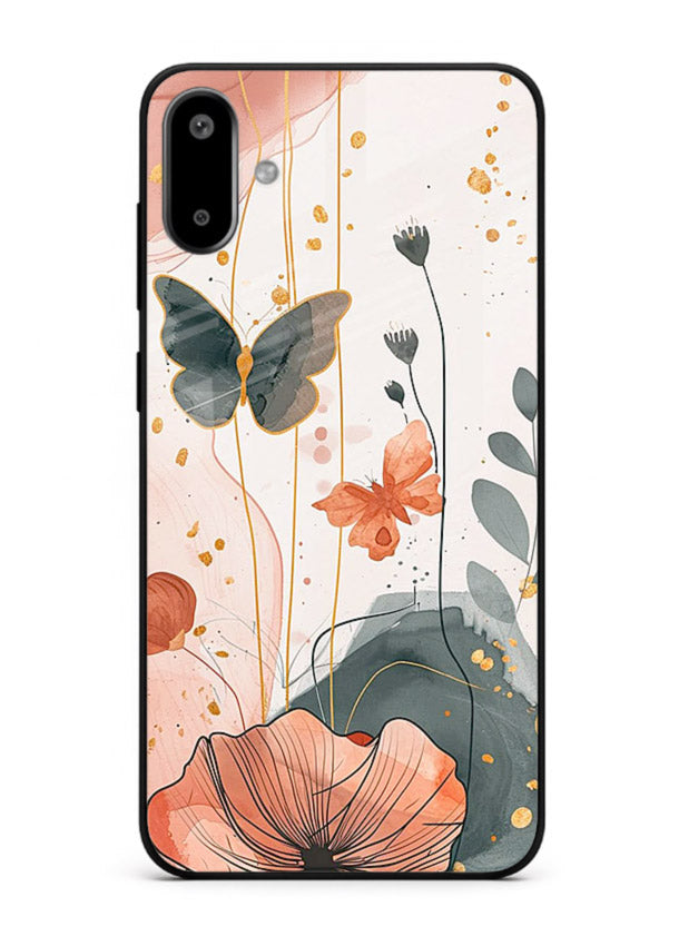 Watercolor butterfly floral artwork on Samsung F06 5G glass back cover with soft painted tones.