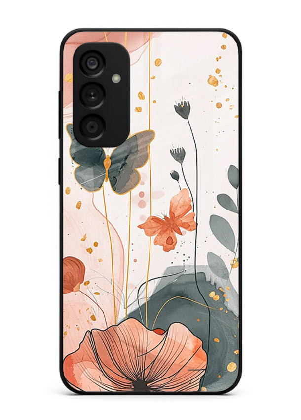 Watercolor butterfly floral artwork on Samsung A05s glass back cover with soft painted tones.