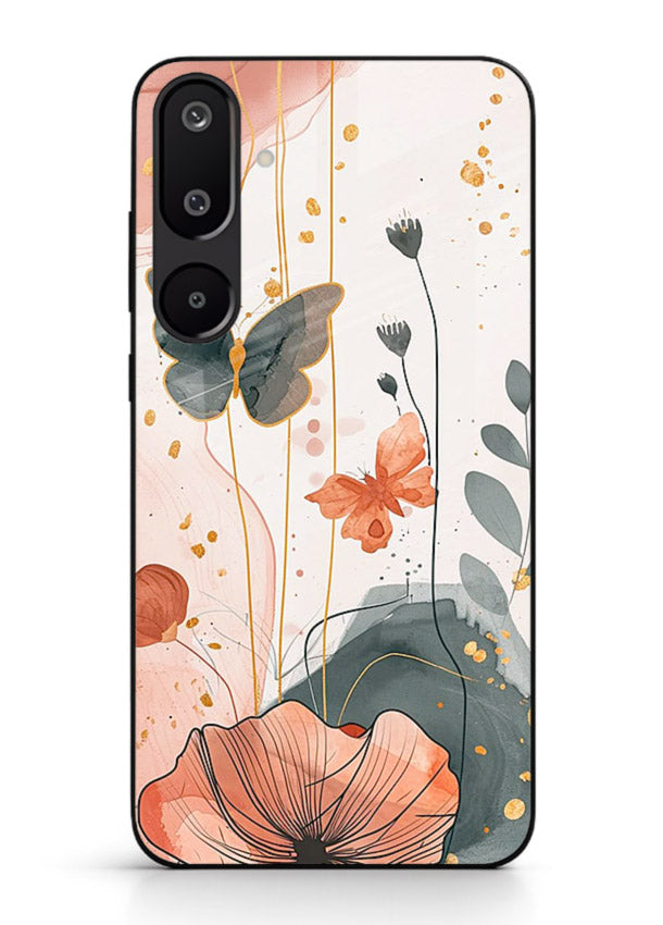 Watercolor butterfly floral artwork on Samsung F16 5G glass back cover with soft painted tones.