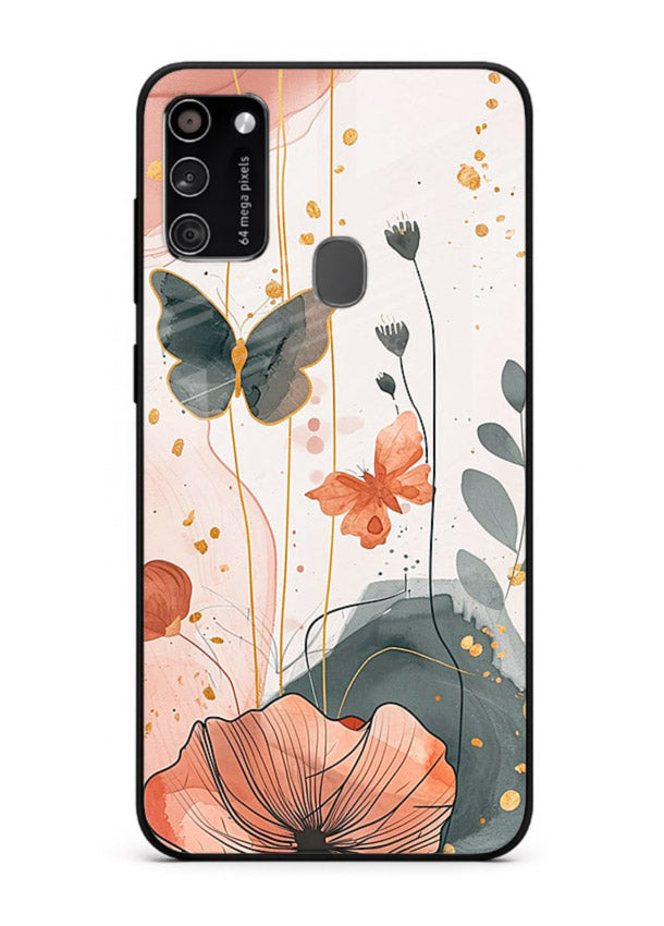 Watercolor butterfly floral artwork on Samsung M21 glass back cover with soft painted tones.