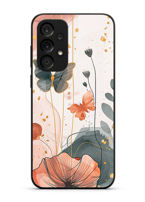 Watercolor butterfly floral artwork on Samsung M32 5G glass back cover with soft painted tones.