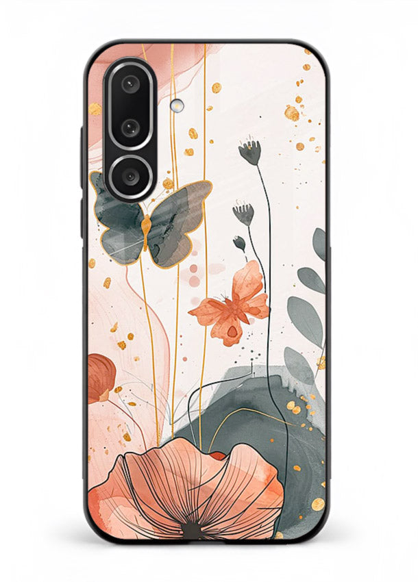 Watercolor butterfly floral artwork on Samsung F56 5G glass back cover with soft painted tones.