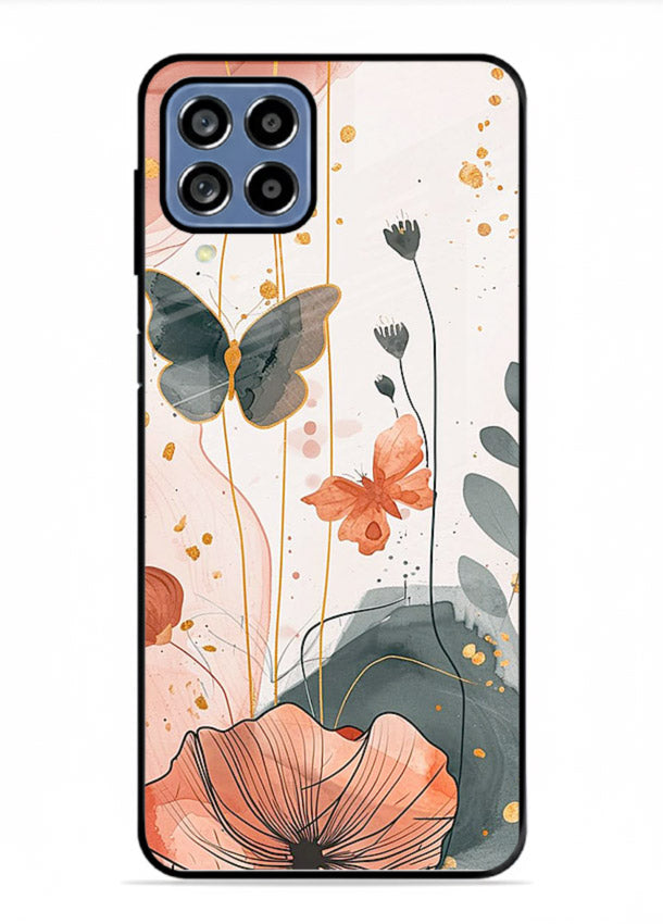 Watercolor butterfly floral artwork on Samsung F22 4G glass back cover with soft painted tones.