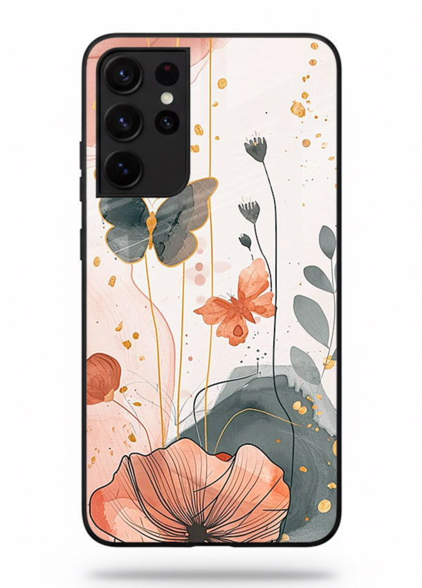 Watercolor butterfly floral artwork on Samsung S21 Ultra glass back cover with soft painted tones.