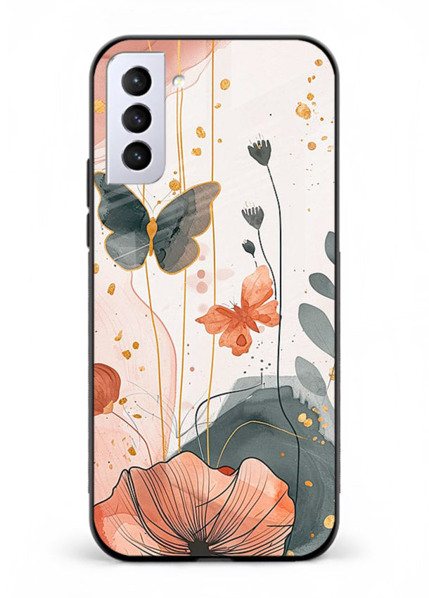 Watercolor butterfly floral artwork on Samsung S22 Plus glass back cover with soft painted tones.
