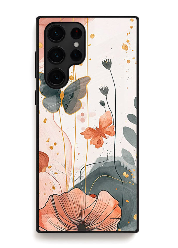 Watercolor butterfly floral artwork on Samsung S24 Ultra glass back cover with soft painted tones.