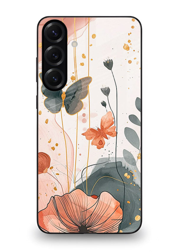 Watercolor butterfly floral artwork on Samsung A26 glass back cover with soft painted tones.