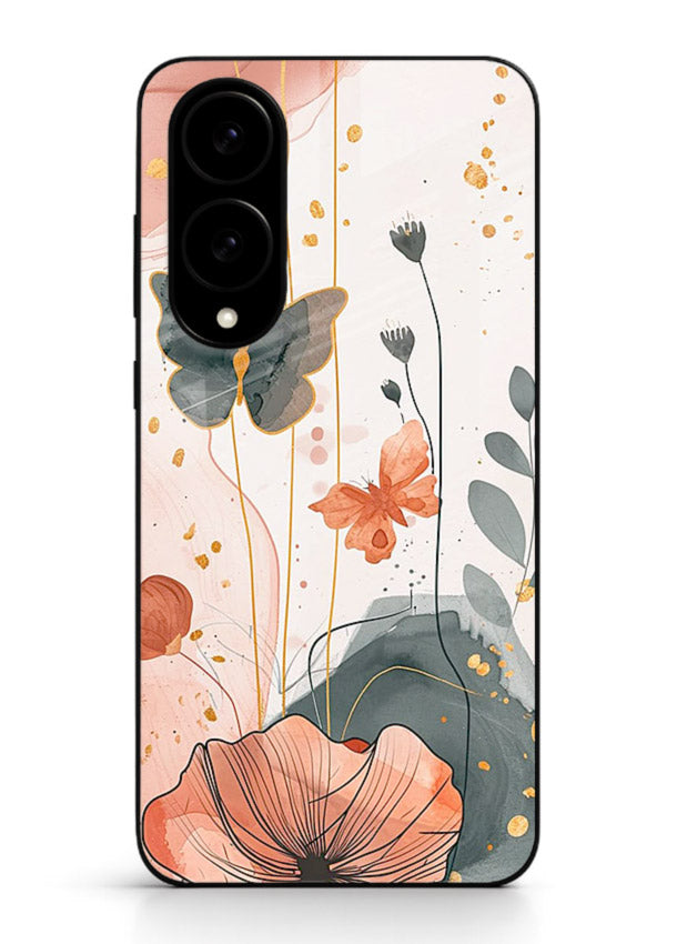 Watercolor butterfly floral artwork on Samsung S25 Edge glass back cover with soft painted tones.